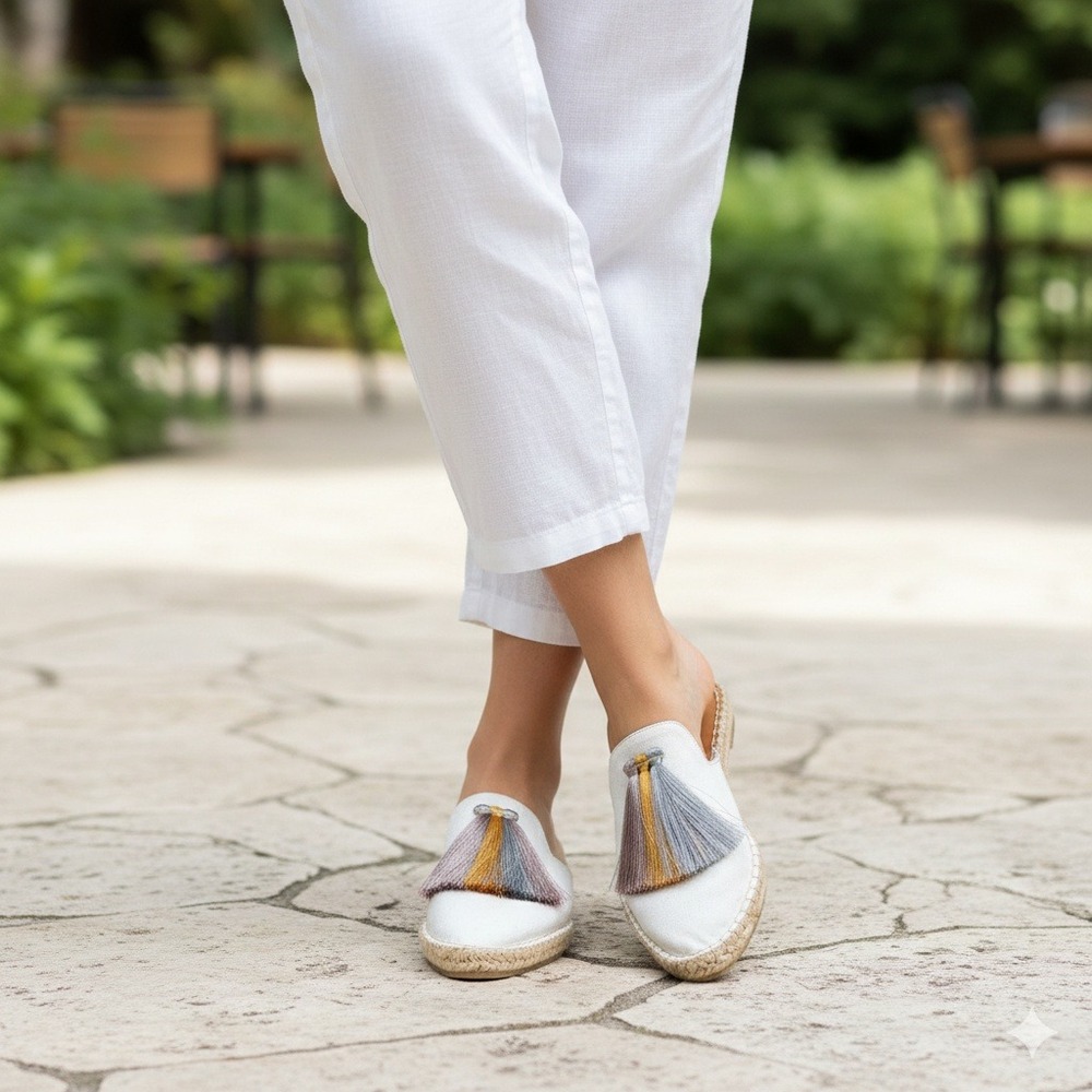 SILVIA COBOS Women's White Pointed Toe Espadrille Mules Tassel Accent Size 7 NIB